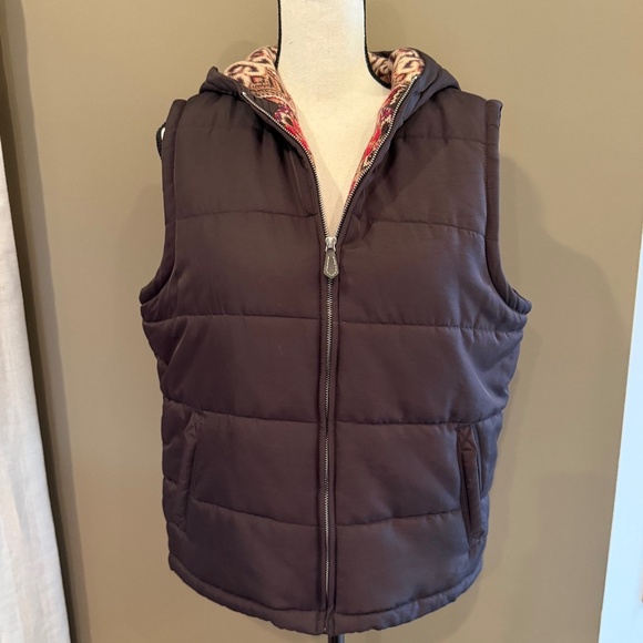George by Mark Eisen Chocolate Puffer Hooded Vest Zip Up,  Size Large - Picture 2 of 12